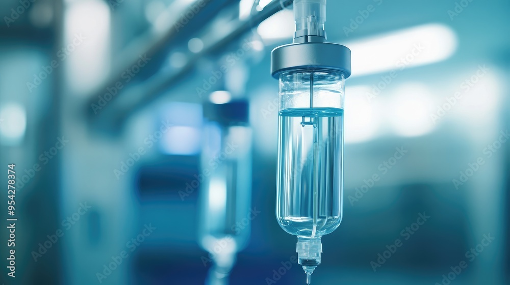 Close-up of an infusion line with a drip chamber, clear liquid inside, with soft focus on the background, no people Close-up of an infusion line with a drip chamber, clear liquid inside, with soft focus on the background, no people