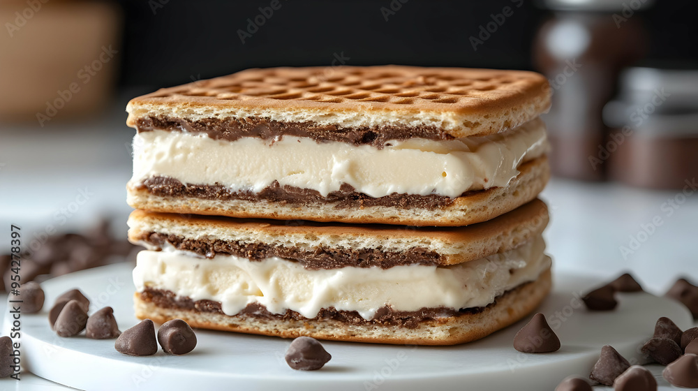 Two ice cream sandwiches with chocolate filling, on a white plate with chocolate chips. Two ice cream sandwiches with chocolate filling, on a white plate with chocolate chips.