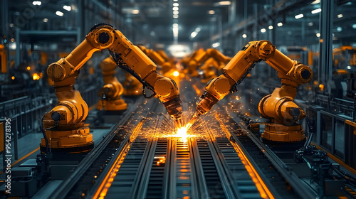 Two industrial robots weldi...