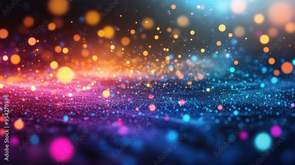 Fototapeta premium Colorful network of digital dots and lines on a dark gradient background, symbolizing diverse online groups, no people