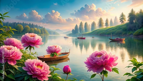 Fototapeta Naklejka Na Ścianę i Meble -  A serene painting of boats on a tranquil lake with vibrant peonies in the foreground