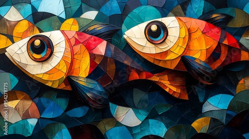 Colorful cubism illustration of fish in the ocean. 