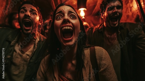 A group of friends screaming and laughing as they encounter a scare in a haunted house. photo