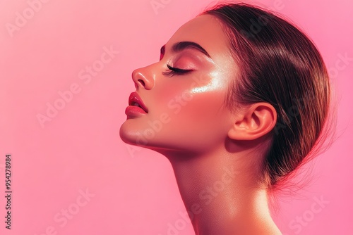 Beautiful young adult woman in profile with healthy shiny skin. Photo of gorgeous girl after morning beauty cosmetic routine finishes daily makeup on pink background. Youth and skin care concept , ai