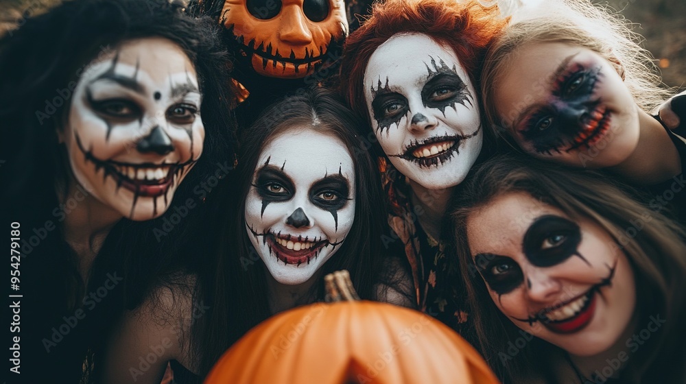 A group of friends with Halloween makeup and costumes, posing together for a photo. A group of friends with Halloween makeup and costumes, posing together for a photo.