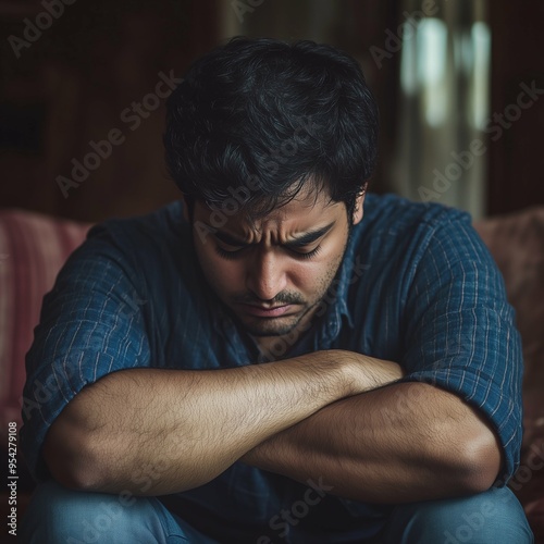 Sad depressed Indian man sitting in his living room, depression and loneliness, mental health concept. Square Photography