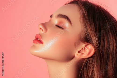 Beautiful young adult woman in profile with healthy shiny skin. Photo of gorgeous girl after morning beauty cosmetic routine finishes daily makeup on pink background. Youth and skin care concept , ai