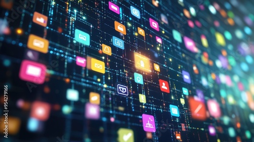 Digital icons of communication floating on a virtual grid, symbolizing a thriving online community, no people