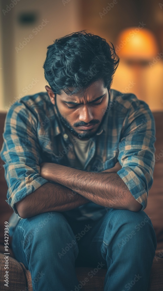 Sad depressed Indian man sitting in his living room, depression and loneliness, mental health concept. Vertical (9:16)