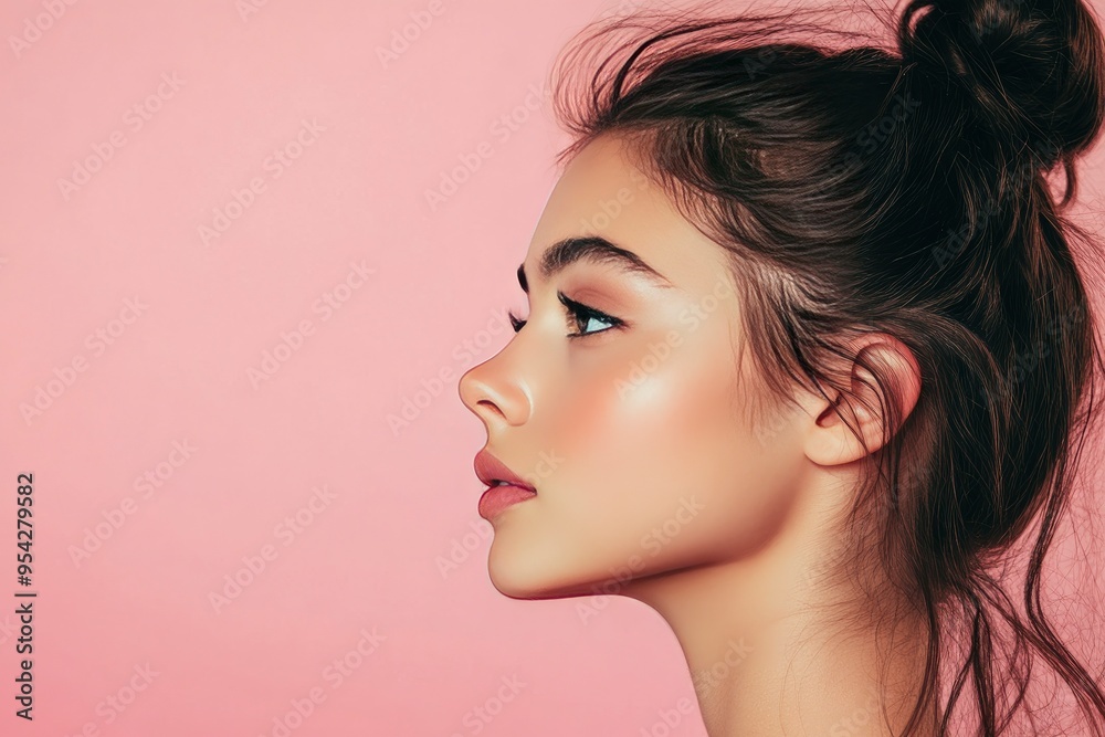 Beautiful young adult woman in profile with healthy shiny skin. Photo of gorgeous girl after morning beauty cosmetic routine finishes daily makeup on pink background. Youth and skin care concept , ai Beautiful young adult woman in profile with healthy shiny skin. Photo of gorgeous girl after morning beauty cosmetic routine finishes daily makeup on pink background. Youth and skin care concept , ai