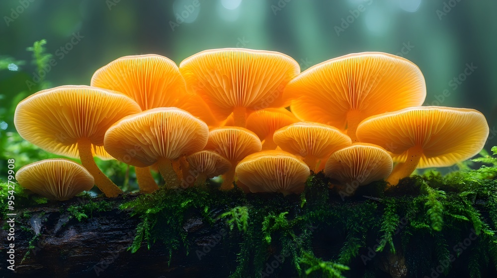 Closeup of Vibrant Orange Mushrooms Growing on Mossy Fallen Log in Serene Forest Closeup of Vibrant Orange Mushrooms Growing on Mossy Fallen Log in Serene Forest