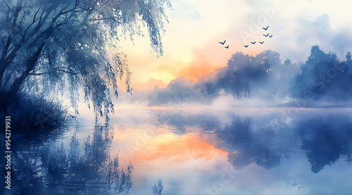 Misty Dawn Reflections: An Impressionist Lake at First Light photo