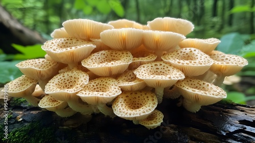 Cluster of Champagne Cup Mushrooms on Fallen Log in Lush Forest Greenery