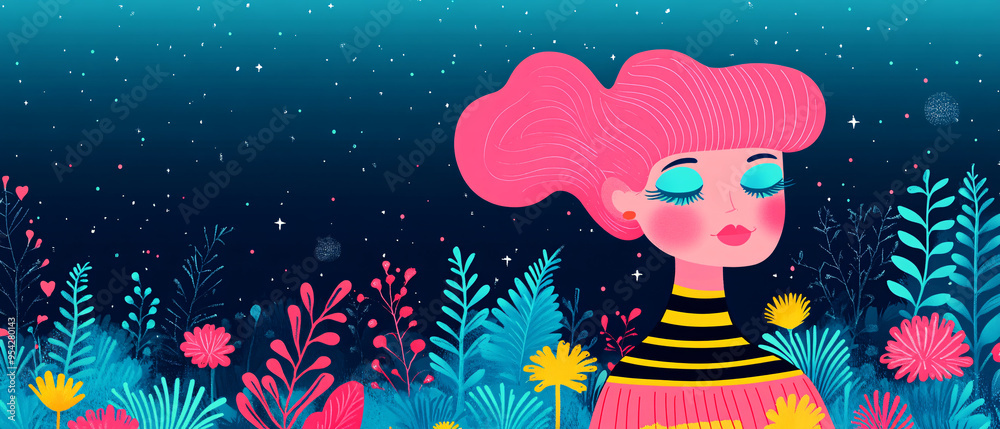 Colorful illustration of a woman with pink hair amidst vibrant flowers and foliage, radiating a whimsical and dreamy atmosphere. Colorful illustration of a woman with pink hair amidst vibrant flowers and foliage, radiating a whimsical and dreamy atmosphere.