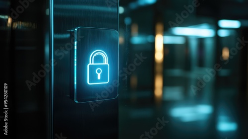 Image of a push button with a digital lock icon on a glass surface, illuminated from underneath, no people