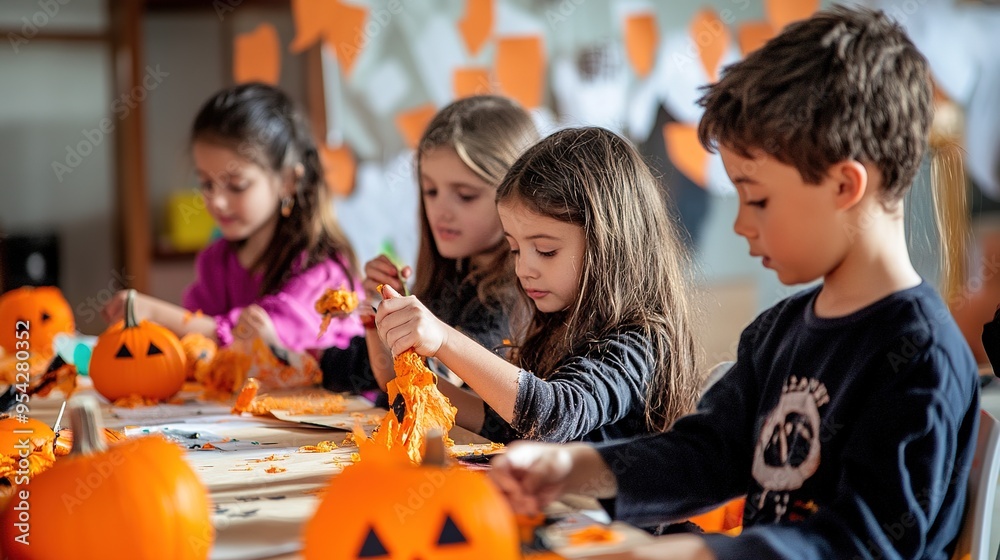 A group of kids enjoying Halloween crafts, making spooky decorations. A group of kids enjoying Halloween crafts, making spooky decorations.