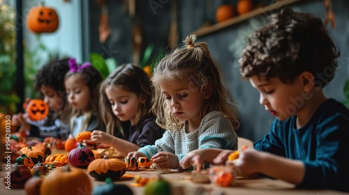 A group of kids enjoying Halloween crafts, making spooky decorations.