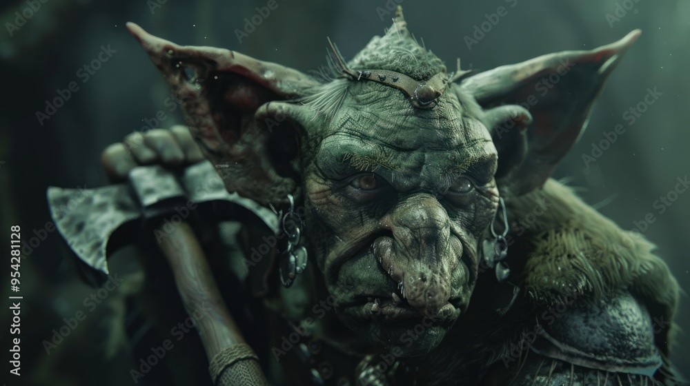 Fototapeta premium Primitive Goblin Warrior with an axe. AI generated image