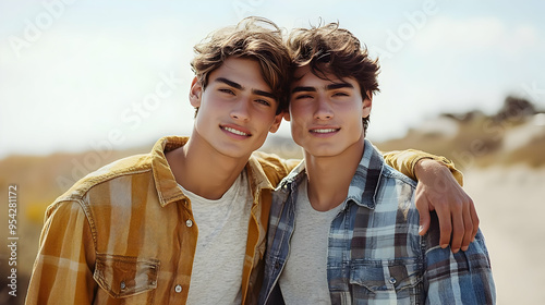 Two smiling twin brothers w...