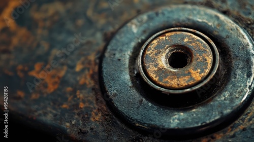 Macro shot of a vintage push button with a tactile feel and aged metal, showing wear and texture, no people