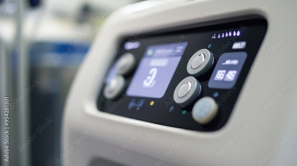 Macro shot of an oxygen concentrator display screen, with focus on the power button and digital readout, no people Macro shot of an oxygen concentrator display screen, with focus on the power button and digital readout, no people