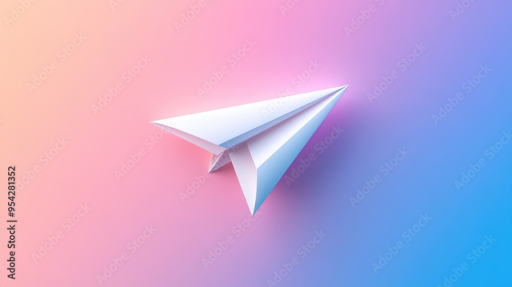 Fototapeta premium Minimalist email icon with a flying paper plane on a gradient background, representing sending a message, no people