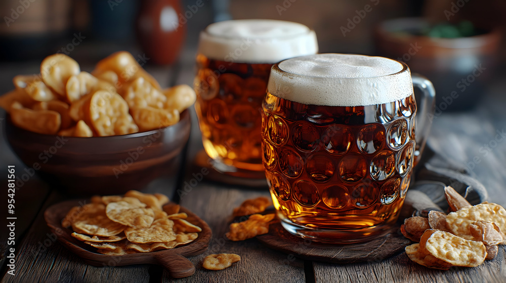 Two Glasses of Beer with Crispy Snacks on Wooden Table Two Glasses of Beer with Crispy Snacks on Wooden Table