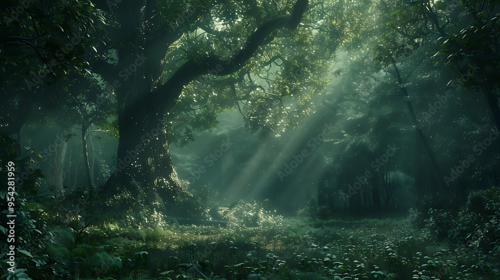 Fototapeta premium Silent forest with beautiful bright sun rays