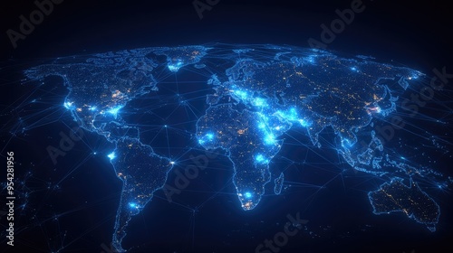 Virtual world map with glowing points and lines of connection, symbolizing global online networks, no people