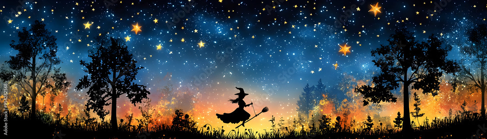 Naklejka premium Witch Flying Under a Starry Night Sky