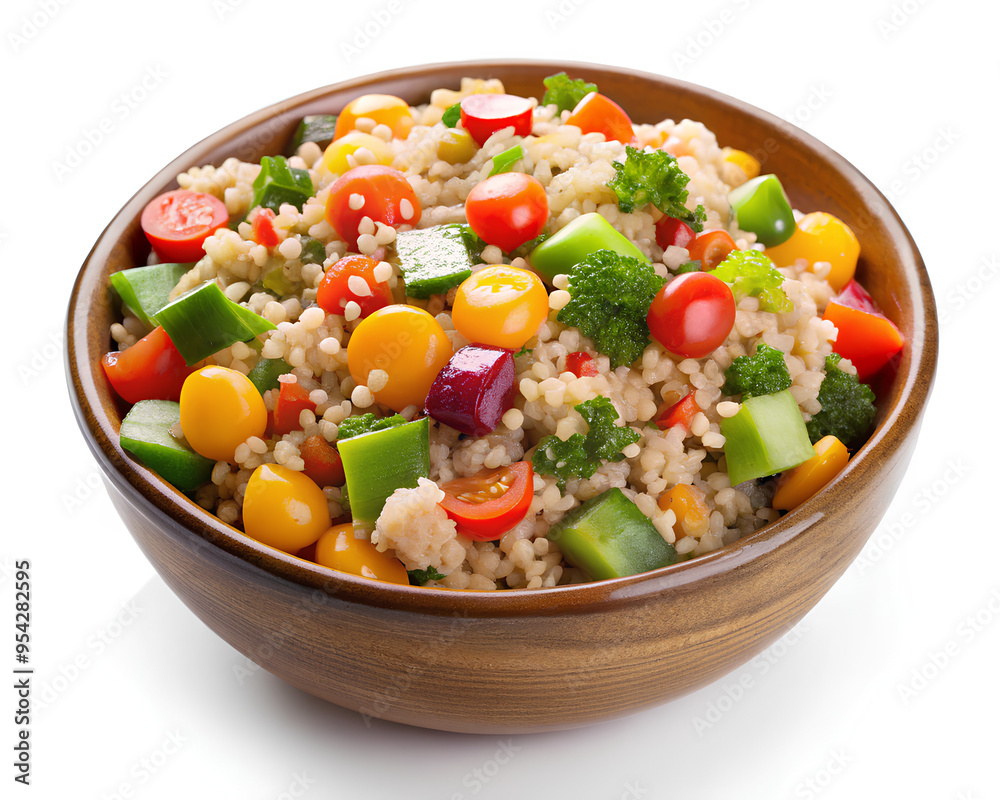 Bowl of quinoa salad with mixed vegetables and a sprinkle of seeds, isolated on white background. Clipping path Bowl of quinoa salad with mixed vegetables and a sprinkle of seeds, isolated on white background. Clipping path