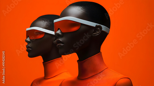 Two women in orange turtlenecks and white sunglasses on an orange background.