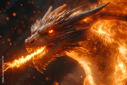 Fototapeta fire dragon spits fire