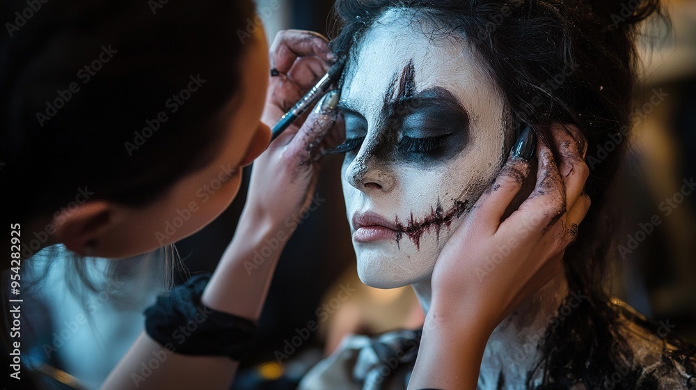 A Halloween makeup artist at work, applying special effects makeup to a model.