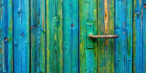 Close up of blue and green painted wooden fence with door handle