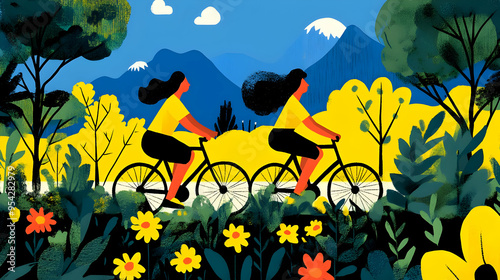 Two women on bicycles ride ...