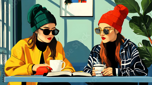Two women wearing beanies a...