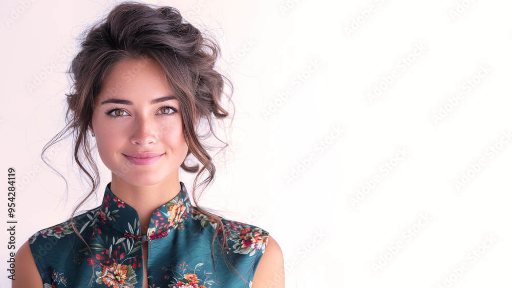 Germany female smile in traditional cheongsam dress isolated on gray Germany female smile in traditional cheongsam dress isolated on gray