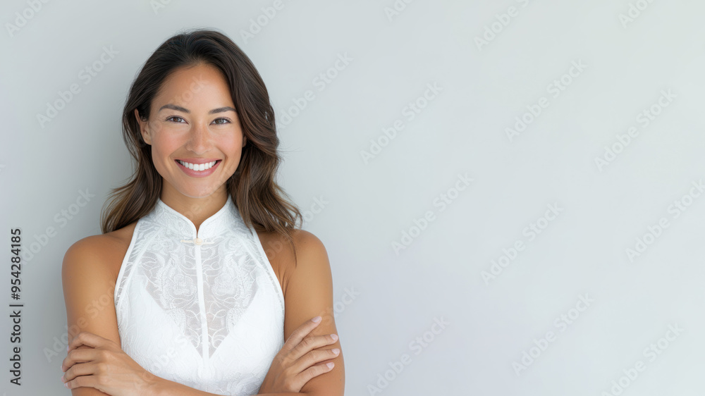 Hispanic female smile in traditional culture dress cheongsam, ethnicity Hispanic female smile in traditional culture dress cheongsam, ethnicity