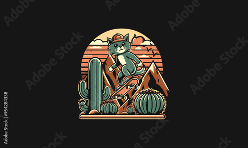 cat  playing skateboard on cactus vector illustration flat design