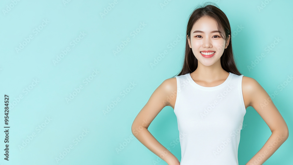 Korean woman smile hands on hips wearing white t-shirt isolated on gray Korean woman smile hands on hips wearing white t-shirt isolated on gray