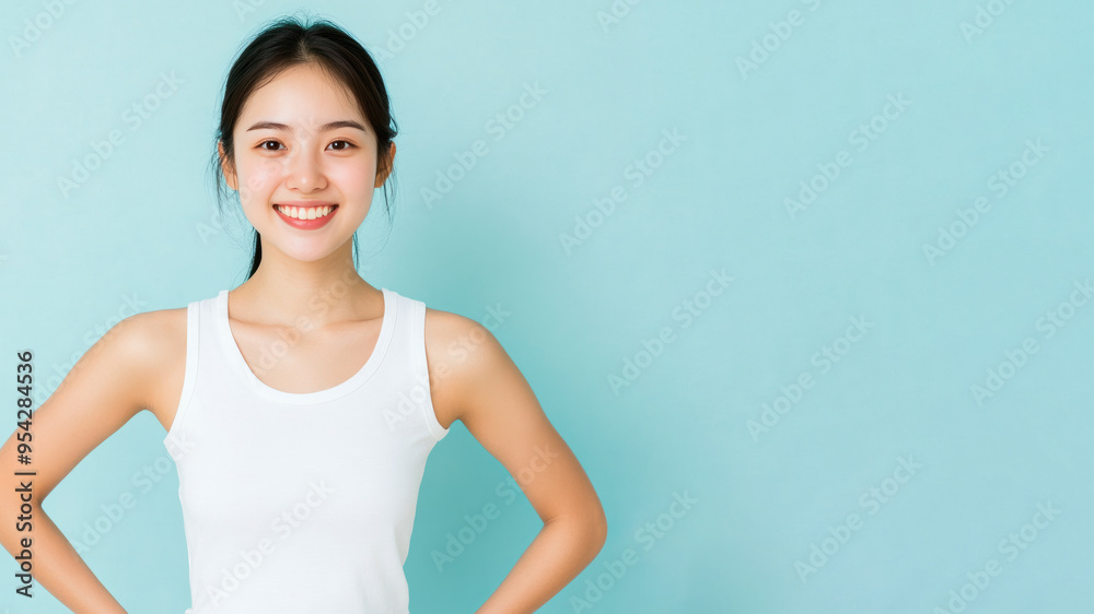 Japanese woman smile hands on hips wearing white t-shirt isolated on gray Japanese woman smile hands on hips wearing white t-shirt isolated on gray