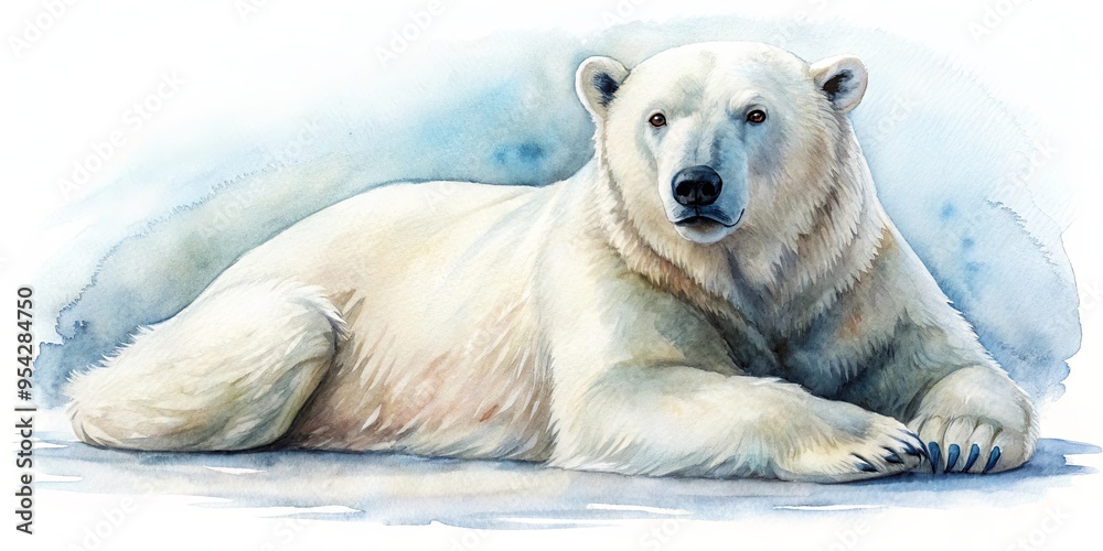 Watercolor painting of a peaceful polar bear resting on the ground Watercolor painting of a peaceful polar bear resting on the ground