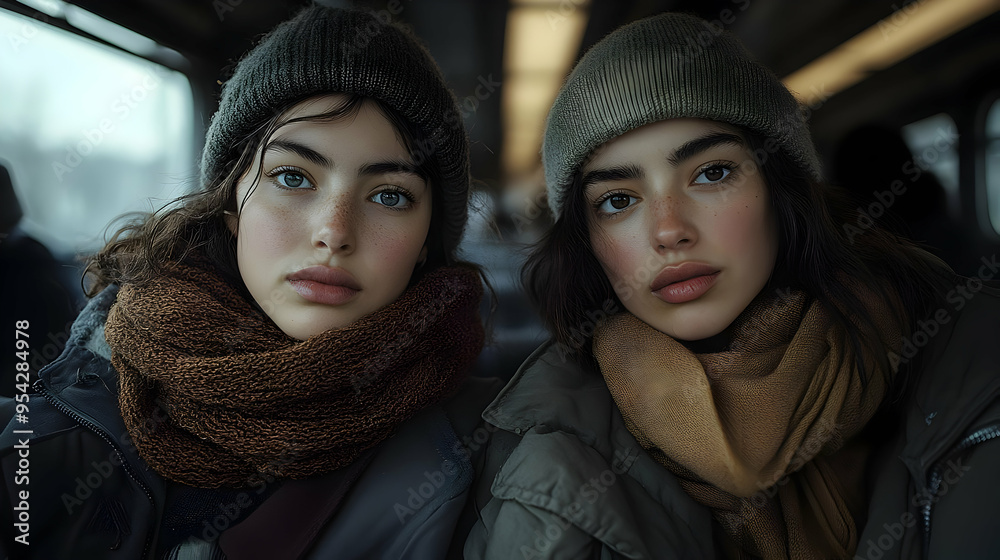 Two young women with brown hair wearing knitted beanies and scarves, looking directly at the camera. Two young women with brown hair wearing knitted beanies and scarves, looking directly at the camera.