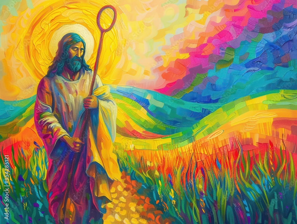 Fototapeta premium Jesus with a shepherds staff in a rainbow-lit landscape