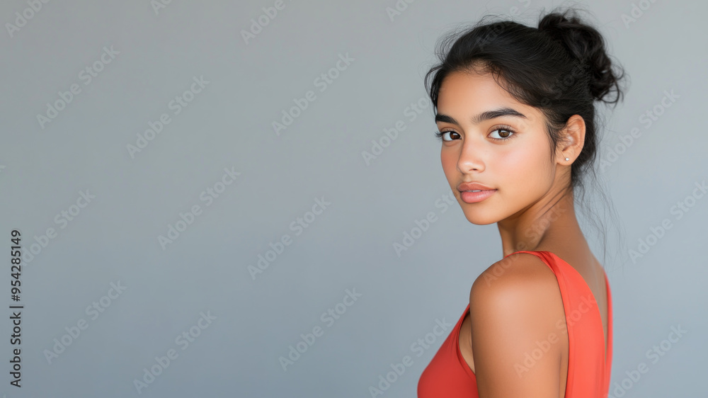 Fototapeta premium Hispanic woman wearing red silk dress isolated on gray background