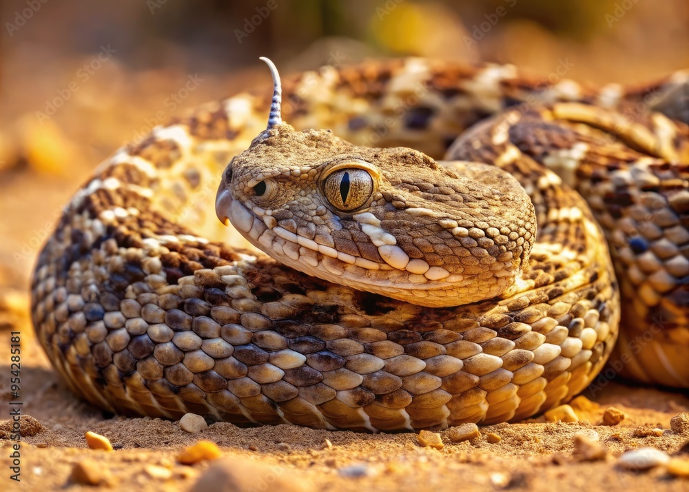 Venomous puff adder snake, also known as Bitis arietans, curls up defensively, exhibiting scaly texture and menacing gaze in a desert habitat. Venomous puff adder snake, also known as Bitis arietans, curls up defensively, exhibiting scaly texture and menacing gaze in a desert habitat.