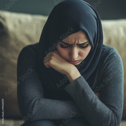Sad depressed muslim Arab woman sitting in her living room, depression and loneliness, mental health concept. Square photography