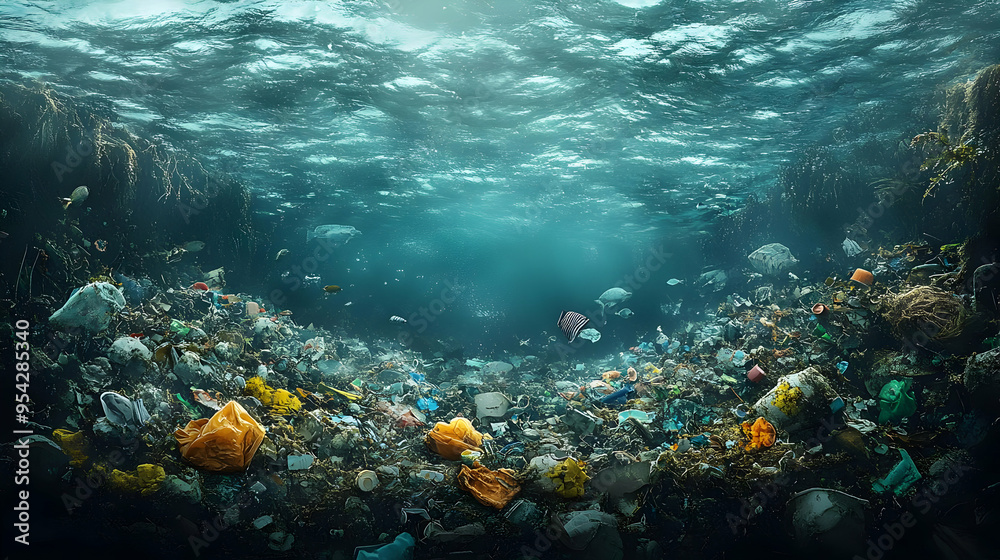 Fototapeta premium Underwater view of plastic pollution on the ocean floor.