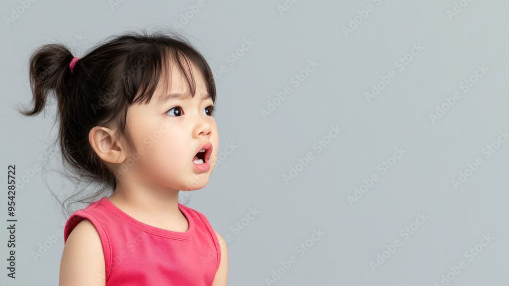 Korean little girl angry expression looking at copy space, isolated on gray Korean little girl angry expression looking at copy space, isolated on gray